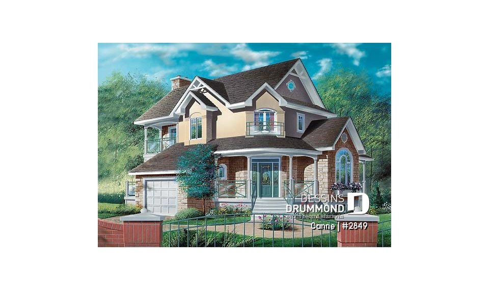 Vue avant - MODÈLE DE BASE - Salle familiale avec foyer, bureau à domicile, grande cuisine, terrasse - Canne