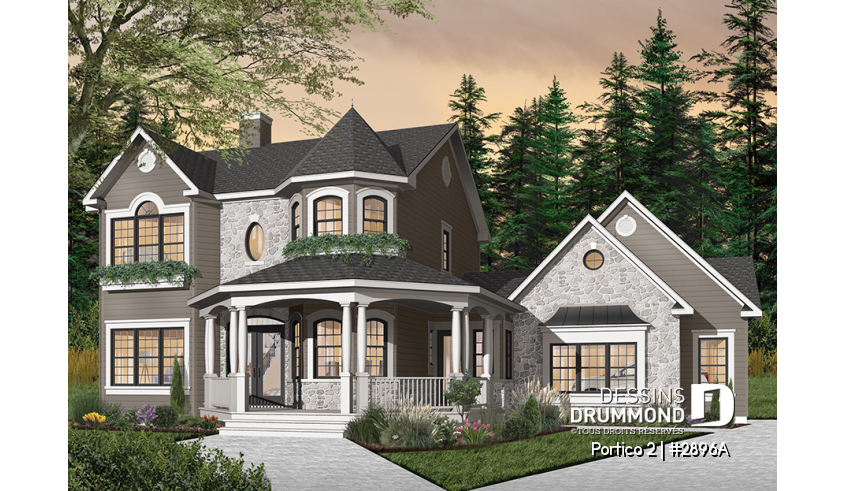 Version couleur no. 2 - Vue avant du plan de maison unifamiliale 2896A Version couleur no. 2 - Vue avant - Portico 2
