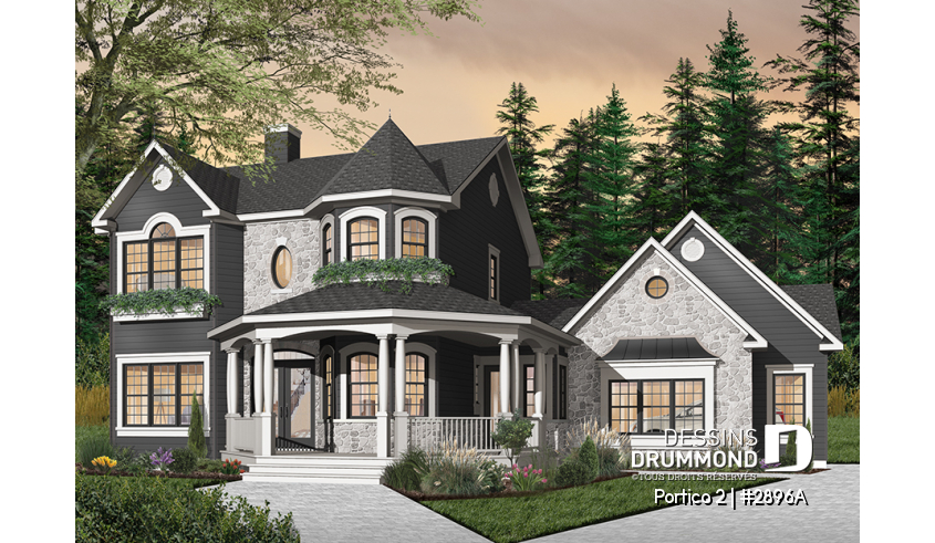 Version couleur no. 4 - Vue avant du plan de maison unifamiliale 2896A Version couleur no. 4 - Vue avant - Portico 2