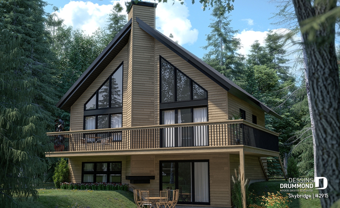 Vue arrière - MODÈLE DE BASE - Plan de chalet rustique, 3 à 4 chambres, cathédrale &amp; loft, mezzanine, 2 foyers, grande terrasse vue superbe - Skybridge