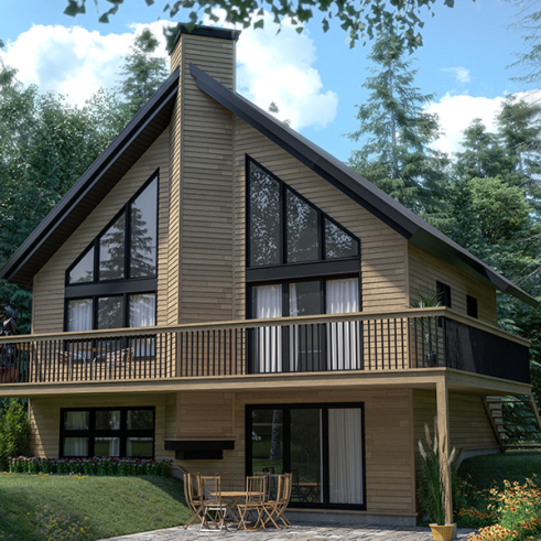 Vue arrière - MODÈLE DE BASE - Plan de chalet rustique, 3 à 4 chambres, cathédrale & loft, mezzanine, 2 foyers, grande terrasse vue superbe - Skybridge