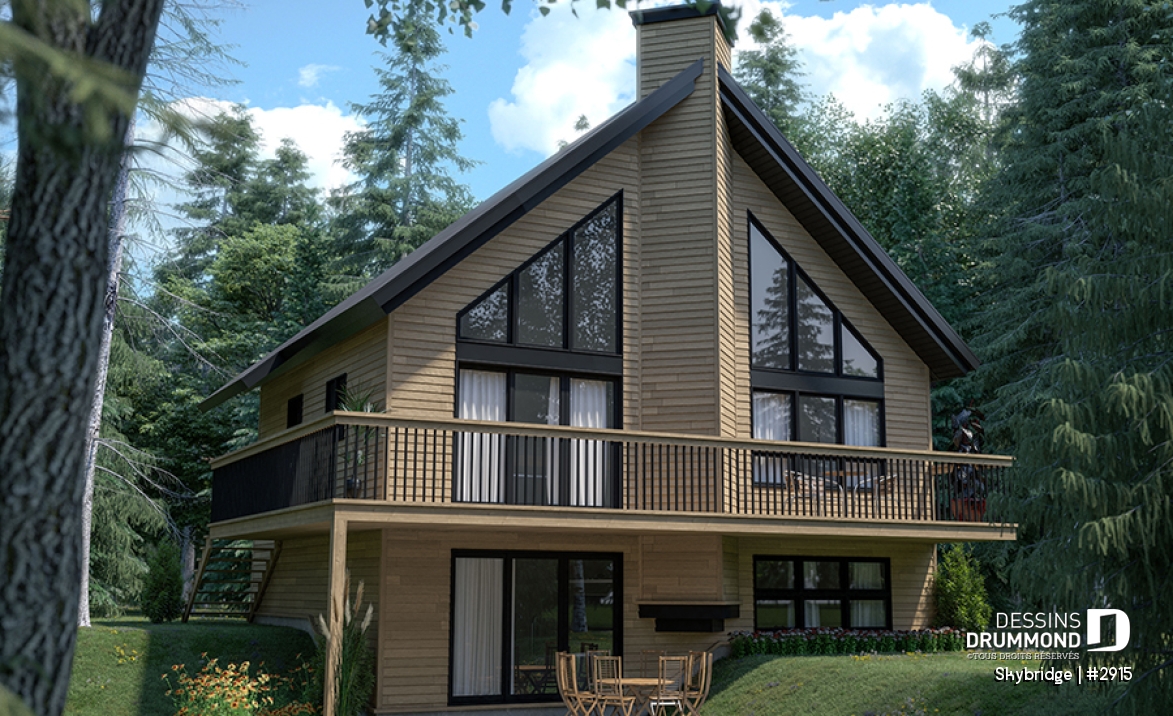 Vue arrière - MODÈLE DE BASE - Plan de chalet rustique, 3 à 4 chambres, cathédrale &amp; loft, mezzanine, 2 foyers, grande terrasse vue superbe - Skybridge