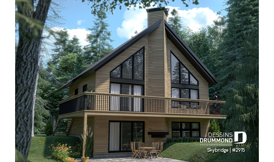 Vue arrière - MODÈLE DE BASE - Plan de chalet rustique, 3 à 4 chambres, cathédrale &amp; loft, mezzanine, 2 foyers, grande terrasse vue superbe - Skybridge