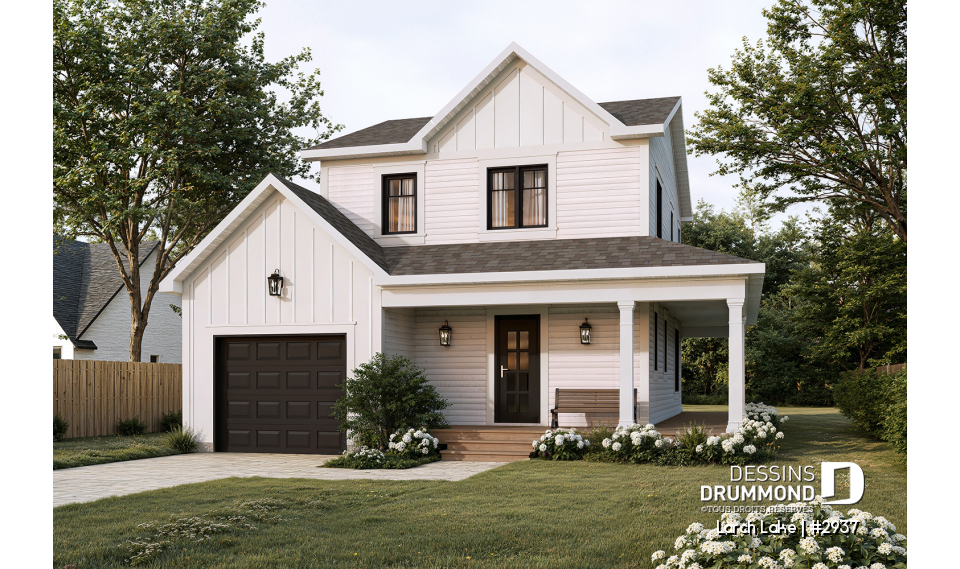 Vue avant - MODÈLE DE BASE - Modèle farmhouse abordable avec garage, 3 à 4 chambres, sous-sol aménagé optionnel - Larch Lake