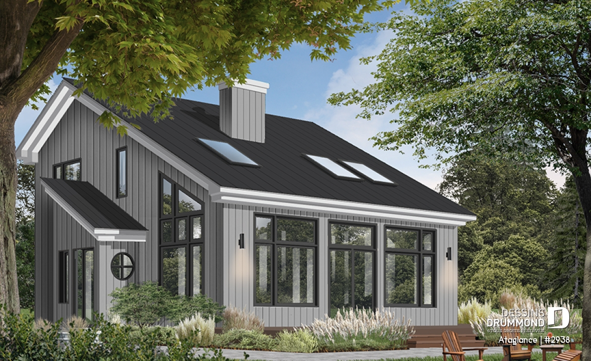 Version couleur no. 1 - Vue avant - Modèle de Chalet lumineux avec mezzanine et plafond en pente, parfait pour terrain au bord d’un lac. - Ataglance