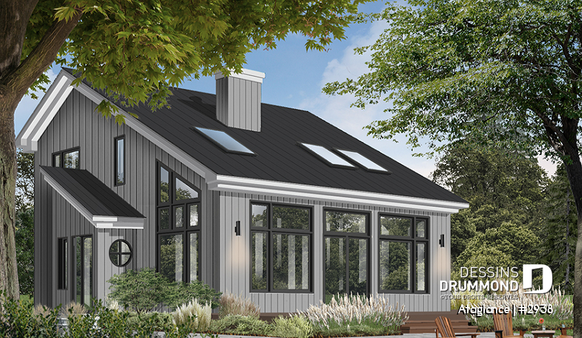 Version couleur no. 1 - Vue avant - Modèle de Chalet lumineux avec mezzanine et plafond en pente, parfait pour terrain au bord d’un lac. - Ataglance