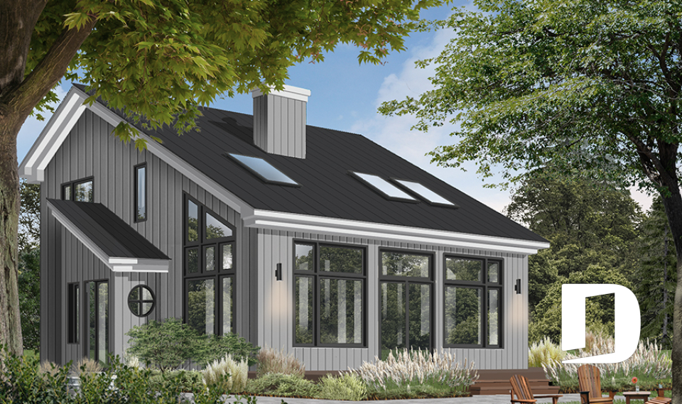 Version couleur no. 1 - Vue avant - Modèle de Chalet lumineux avec mezzanine et plafond en pente, parfait pour terrain au bord d’un lac. - Ataglance