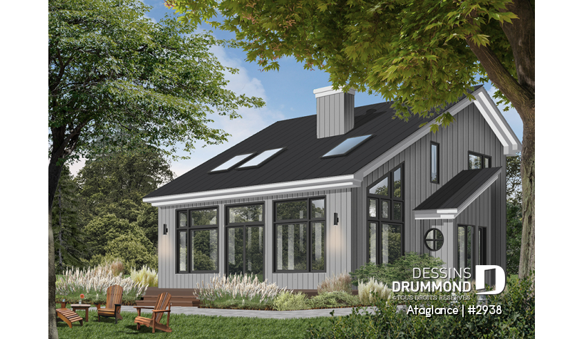 Version couleur no. 1 - Vue avant - Modèle de Chalet lumineux avec mezzanine et plafond en pente, parfait pour terrain au bord d’un lac. - Ataglance