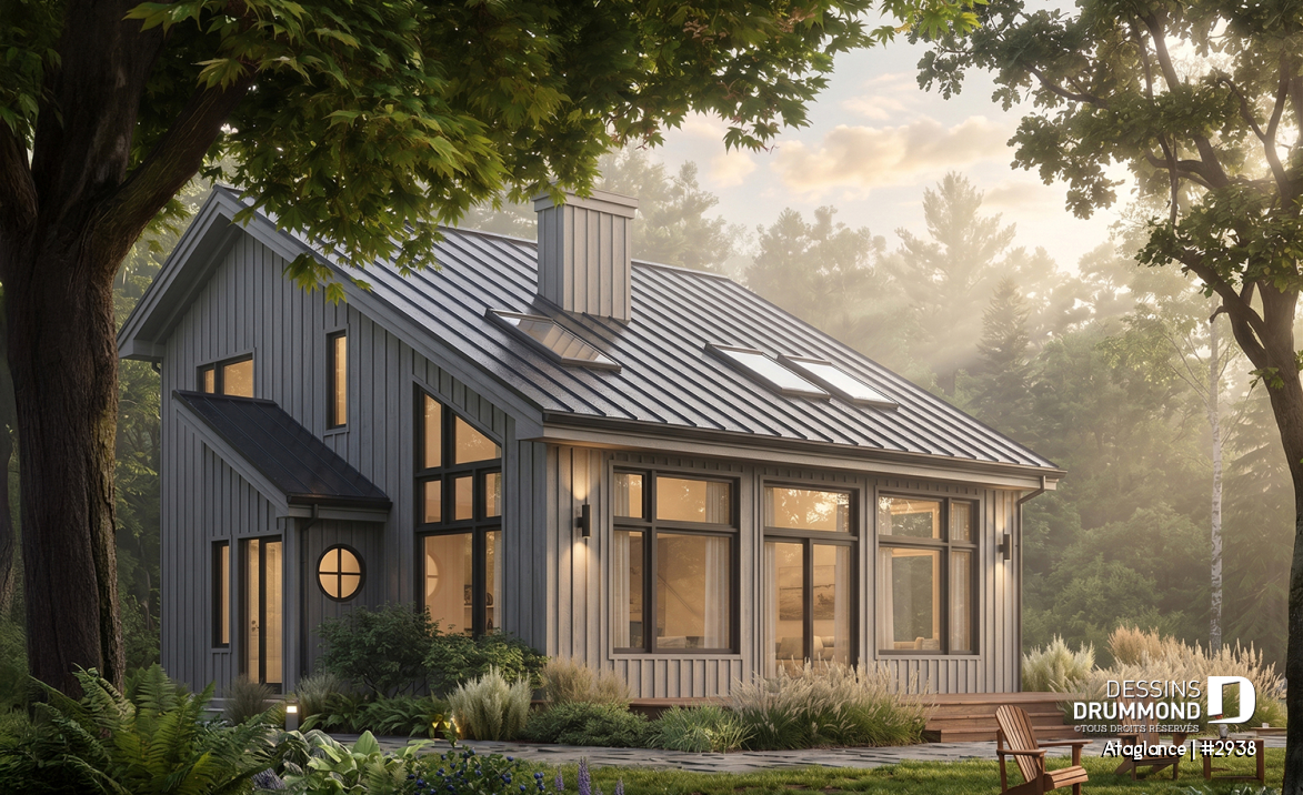 Vue avant - MODÈLE DE BASE - Modèle de Chalet lumineux avec mezzanine et plafond en pente, parfait pour terrain au bord d’un lac. - Ataglance