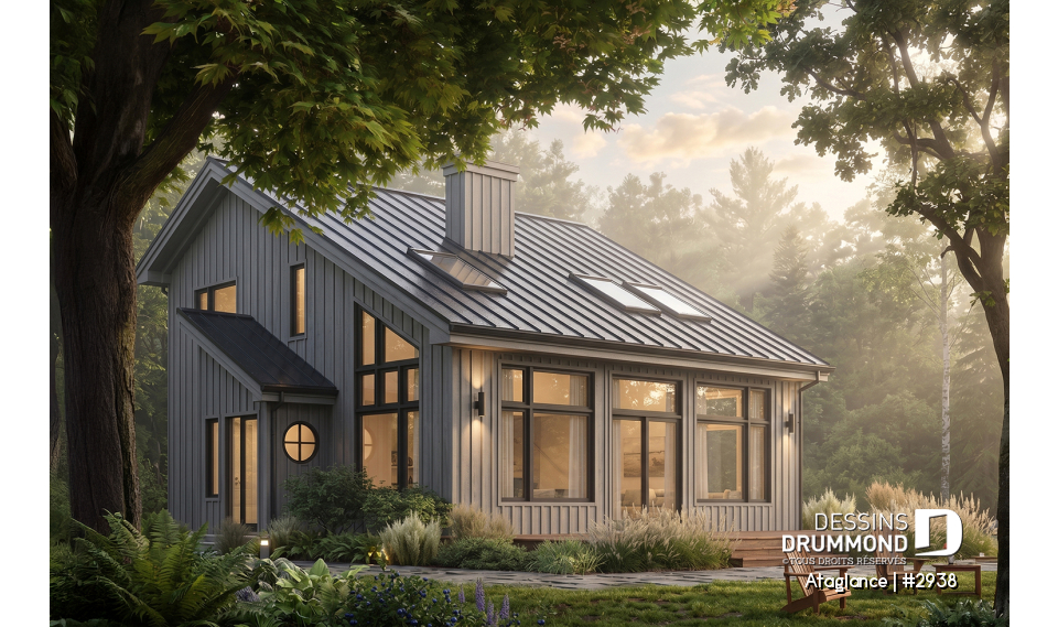 Vue avant - MODÈLE DE BASE - Modèle de Chalet lumineux avec mezzanine et plafond en pente, parfait pour terrain au bord d’un lac. - Ataglance
