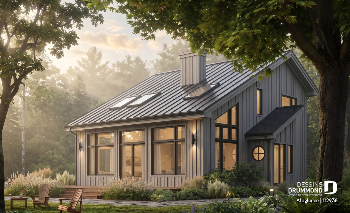 Vue avant - MODÈLE DE BASE - Modèle de Chalet lumineux avec mezzanine et plafond en pente, parfait pour terrain au bord d’un lac. - Ataglance