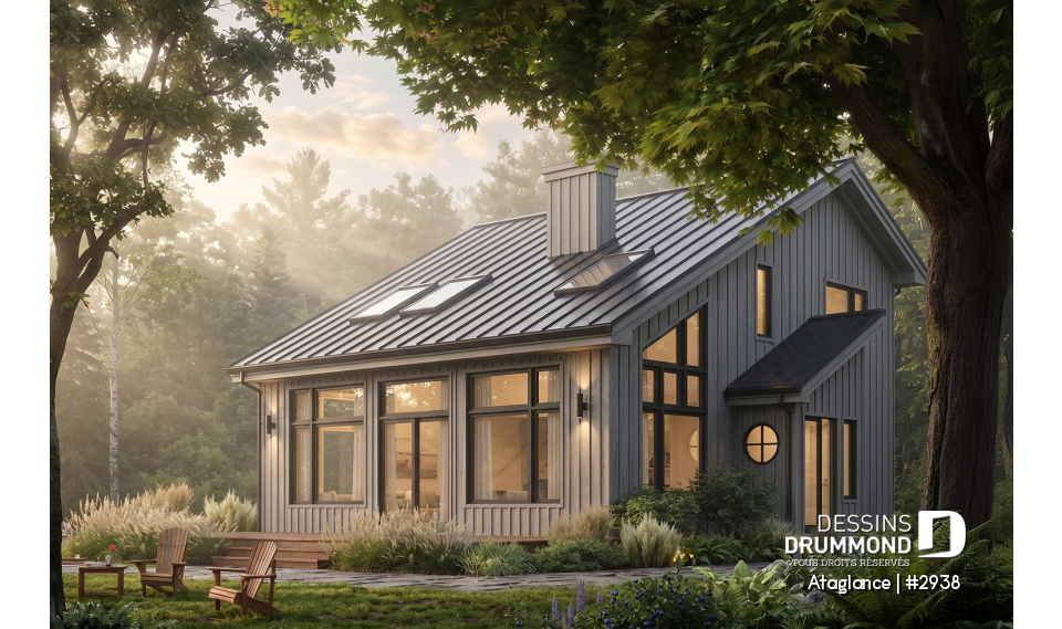 Vue avant - MODÈLE DE BASE - Modèle de Chalet lumineux avec mezzanine et plafond en pente, parfait pour terrain au bord d’un lac. - Ataglance