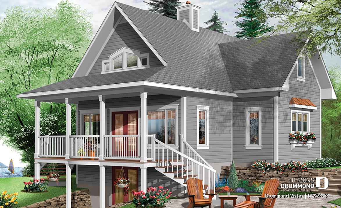Vue arrière - MODÈLE DE BASE - Plan de maison / chalet, superbe suite des maîtres au rdc, plancher ouvert, mezzanine, fondation rez-de-jardin - Drummond Vistas