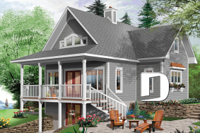 Vue arrière - MODÈLE DE BASE - Plan de maison / chalet, superbe suite des maîtres au rdc, plancher ouvert, mezzanine, fondation rez-de-jardin - Drummond Vistas