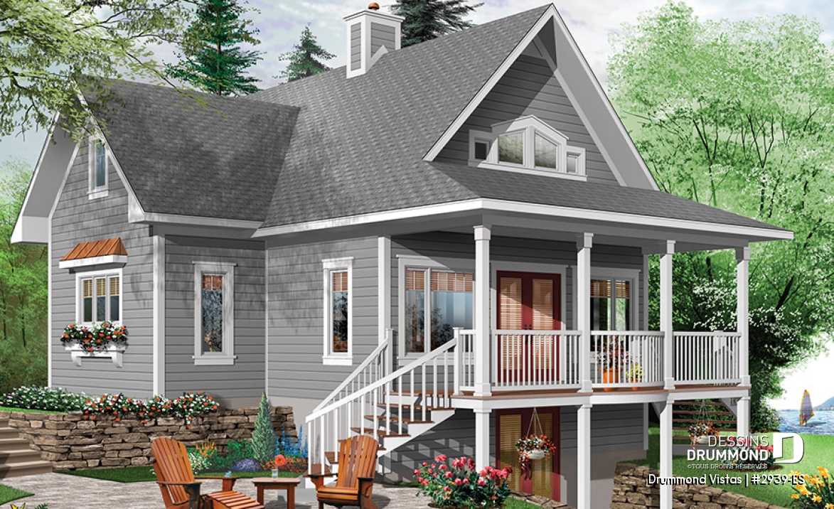Vue arrière - MODÈLE DE BASE - Plan de maison / chalet, superbe suite des maîtres au rdc, plancher ouvert, mezzanine, fondation rez-de-jardin - Drummond Vistas