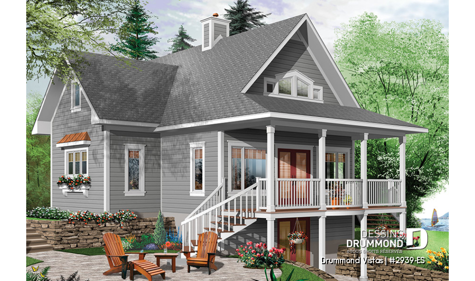 Vue arrière - MODÈLE DE BASE - Plan de maison / chalet, superbe suite des maîtres au rdc, plancher ouvert, mezzanine, fondation rez-de-jardin - Drummond Vistas