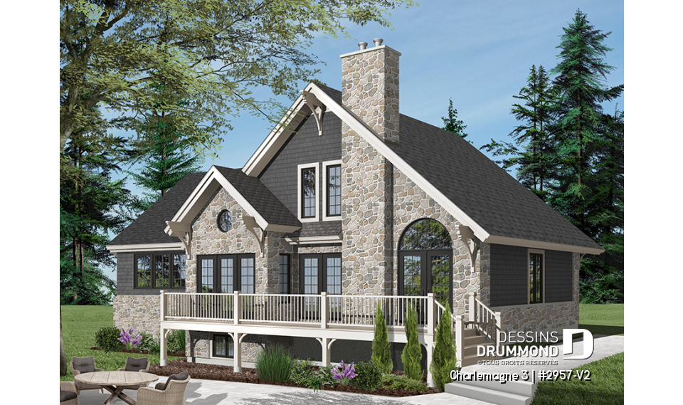 Version couleur no. 3 - Vue arrière - Modèle de maison chalet rustique avec garage, aires ouvertes arrière, cathédrale, mezzanine, espace boni - Charlemagne 3
