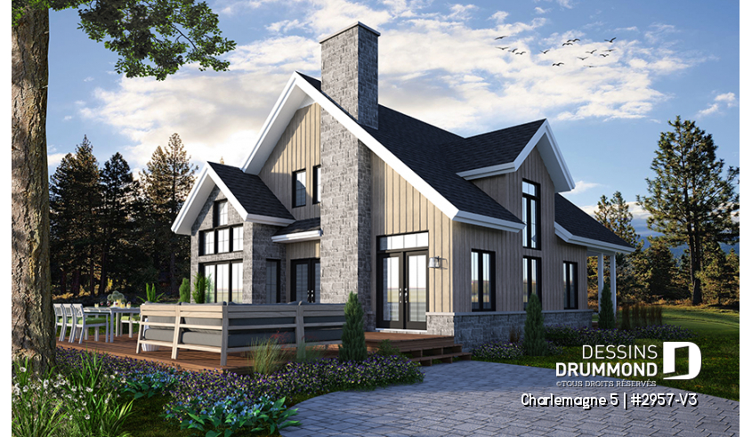 Version couleur no. 1 - Vue arrière du plan de maison unifamiliale 2957-V3 Version couleur no. 1 - Vue arrière - Charlemagne 5