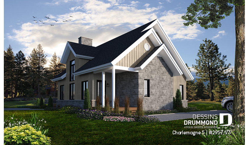 Version couleur no. 1 - Vue avant du plan de maison unifamiliale 2957-V3 Version couleur no. 1 - Vue avant - Charlemagne 5
