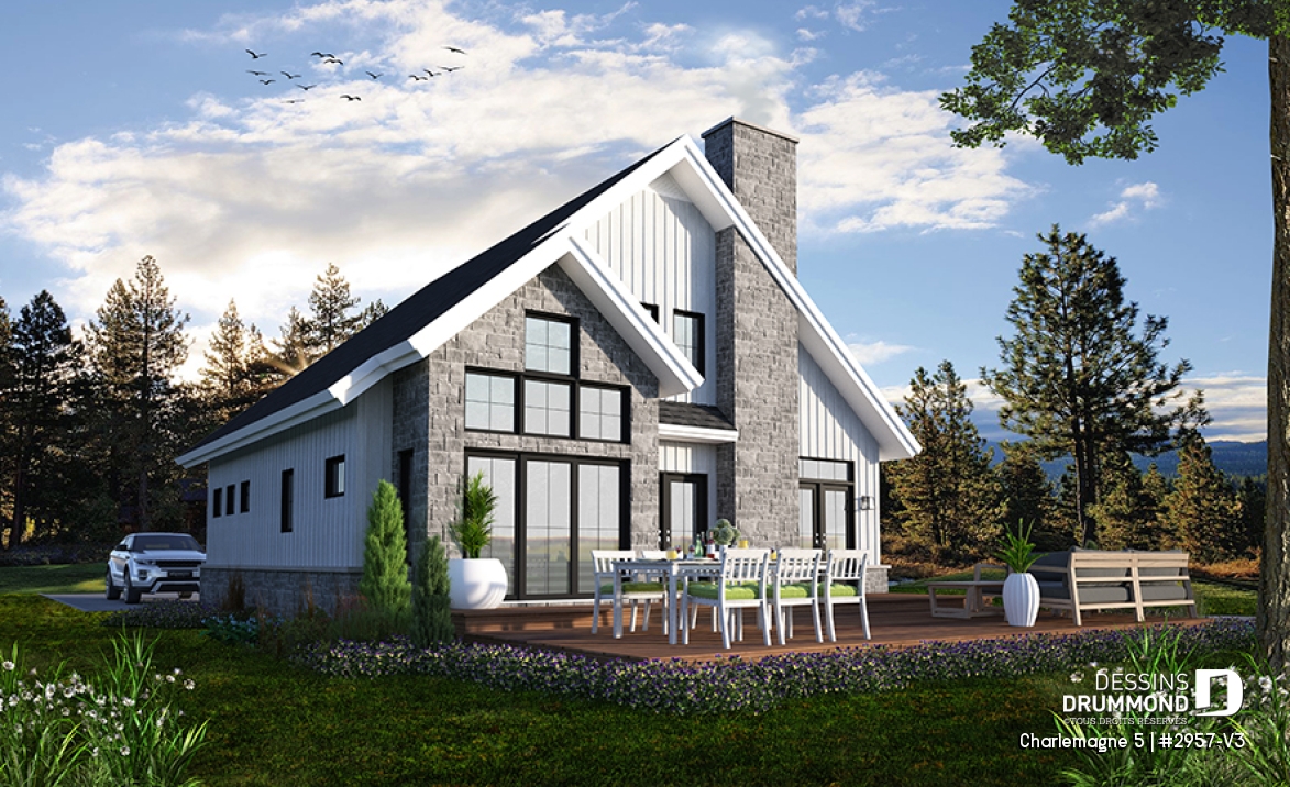 Vue arrière - MODÈLE DE BASE - Plan de maison chalet nordique – 3 chambres, mezzanine et foyer au cœur du salon - Charlemagne 5