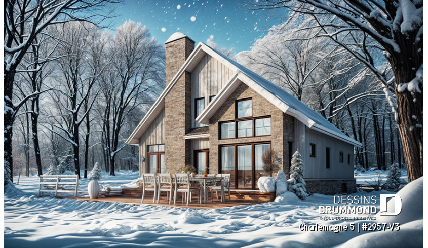 Vue avant - MODÈLE DE BASE - Plan de maison chalet nordique – 3 chambres, mezzanine et foyer au cœur du salon - Charlemagne 5