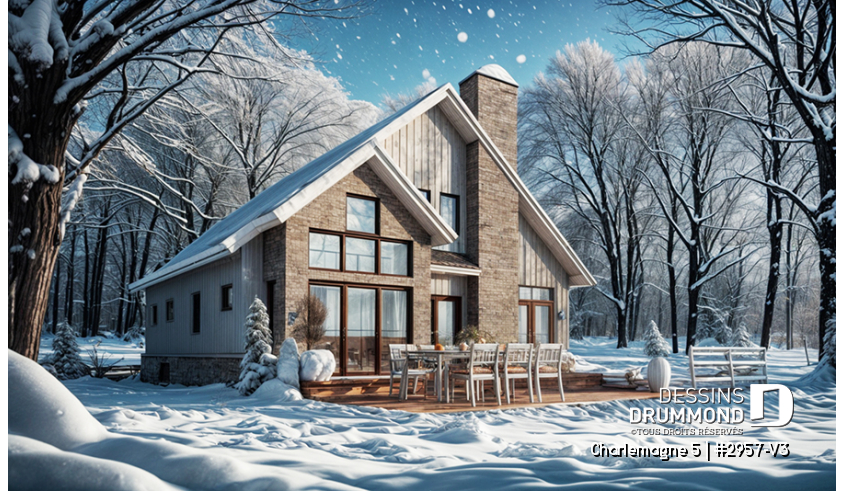 Vue avant - MODÈLE DE BASE du plan de maison unifamiliale 2957-V3 Vue avant - MODÈLE DE BASE - Plan de maison chalet nordique – 3 chambres, mezzanine et foyer au cœur du salon - Charlemagne 5