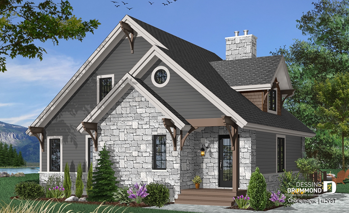 Vue avant - MODÈLE DE BASE - Modèle de chalet rustique, 3 chambres, foyer, mezzanine, aire ouverte, vestibule avec grande garde-robe - Charlemagne
