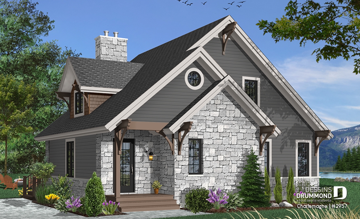 Vue avant - MODÈLE DE BASE - Modèle de chalet rustique, 3 chambres, foyer, mezzanine, aire ouverte, vestibule avec grande garde-robe - Charlemagne