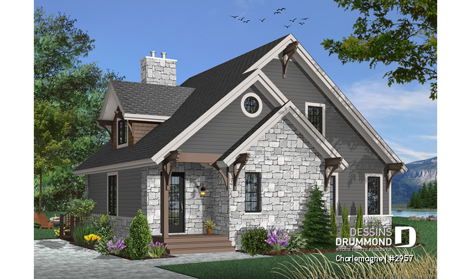 Vue avant - MODÈLE DE BASE - Modèle de chalet rustique, 3 chambres, foyer, mezzanine, aire ouverte, vestibule avec grande garde-robe - Charlemagne