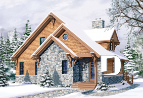 Vue avant – Modèle ORIGINAL - Plan de chalet rustique, 3 chambres, foyer, mezzanine, plancher aire ouverte, vestibule avec grande garde-robe - Charlemagne