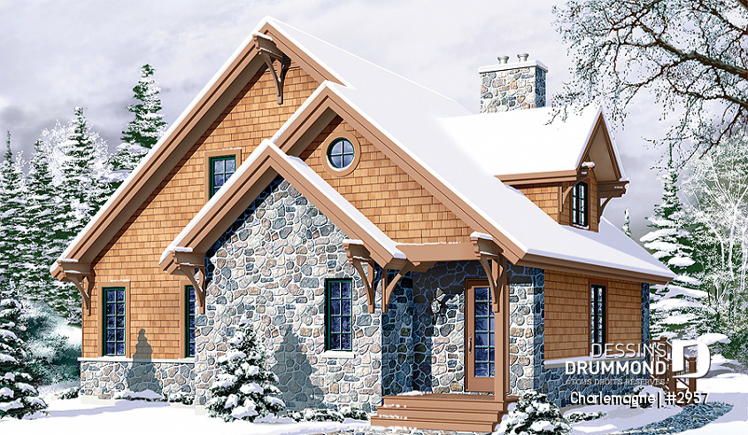 Vue avant – Modèle ORIGINAL - Plan de chalet rustique, 3 chambres, foyer, mezzanine, plancher aire ouverte, vestibule avec grande garde-robe - Charlemagne