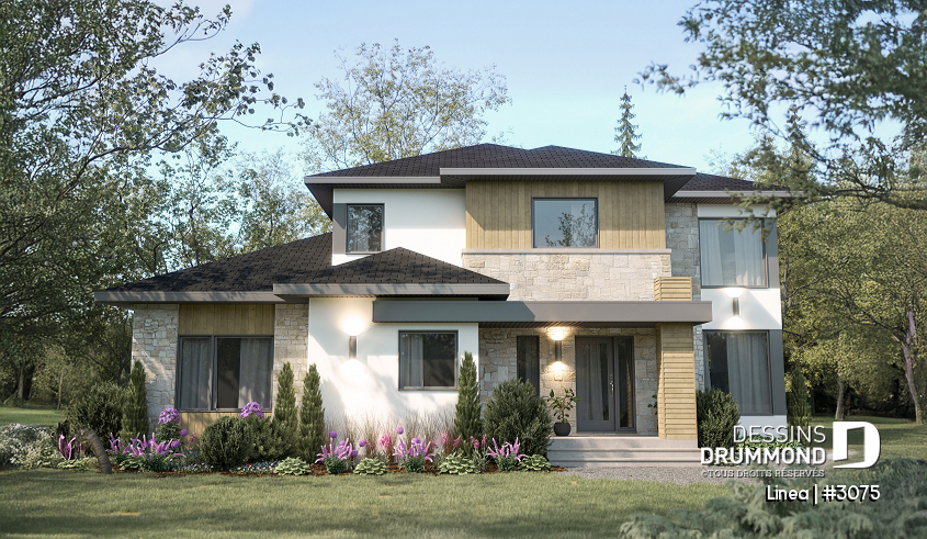 Vue avant - MODÈLE DE BASE - Modèle de bi-génération moderne à étage : confort, élégance et espaces adaptés à toute la famille - Linea