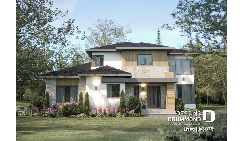 Vue avant - MODÈLE DE BASE - Modèle de bi-génération moderne à étage : confort, élégance et espaces adaptés à toute la famille - Linea