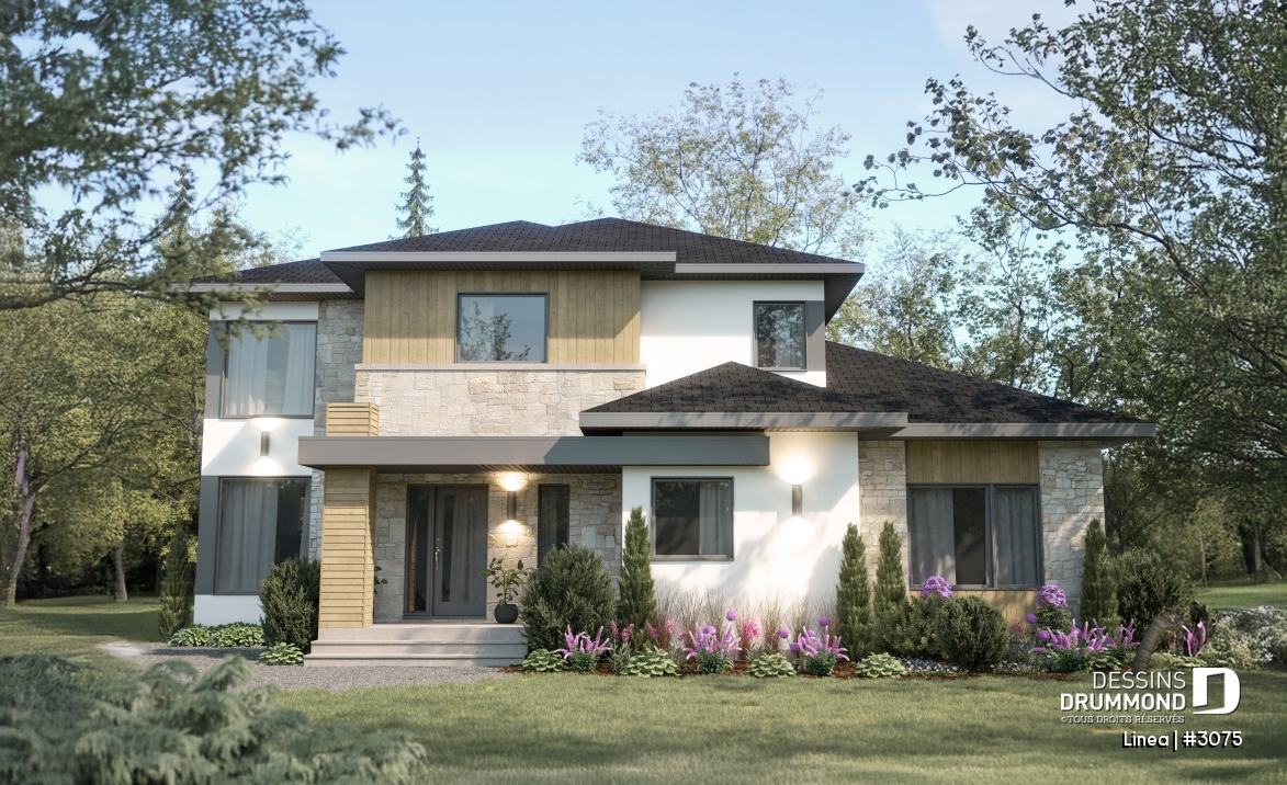 Vue avant - MODÈLE DE BASE - Modèle de bi-génération moderne à étage : confort, élégance et espaces adaptés à toute la famille - Linea