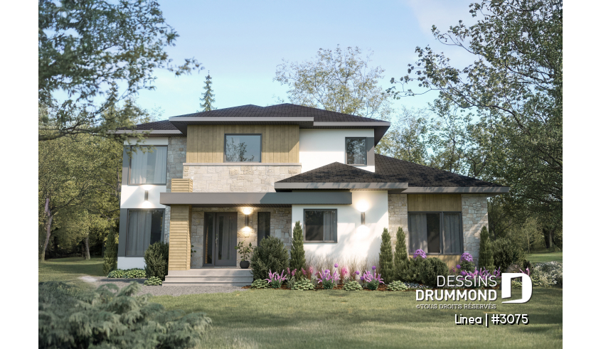 Vue avant - MODÈLE DE BASE - Modèle de bi-génération moderne à étage : confort, élégance et espaces adaptés à toute la famille - Linea