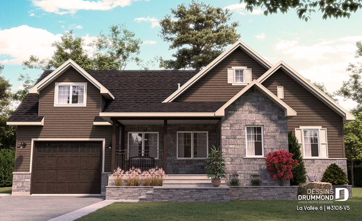 Vue avant - MODÈLE DE BASE - Plan de maison à étage, 3 chambres et bureau à la maison, garage, aire ouverte à l'arrière, vestiaire - La Vallée 6