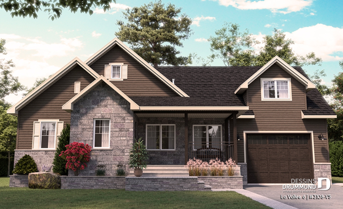 Vue avant - MODÈLE DE BASE - Plan de maison à étage, 3 chambres et bureau à la maison, garage, aire ouverte à l'arrière, vestiaire - La Vallée 6