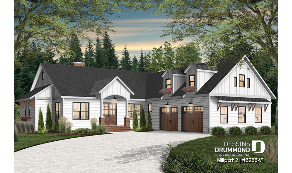 Vue avant - MODÈLE DE BASE - Farmhouse 3 chambres, chambre parents balcon privé, bureau, espace boni, foyer, garde-manger, 2.5 s.bain - Millport 2