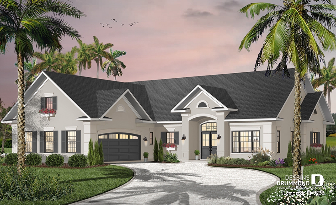 Vue avant - MODÈLE DE BASE - Grand plan de plain-pied, 3 chambres, garage double, terrasse abritée, foyer, grande buanderie, suite parents - Lombardo