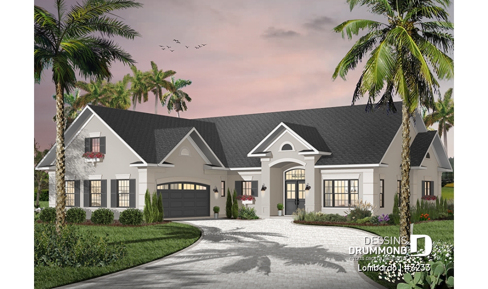 Vue avant - MODÈLE DE BASE - Grand plan de plain-pied, 3 chambres, garage double, terrasse abritée, foyer, grande buanderie, suite parents - Lombardo