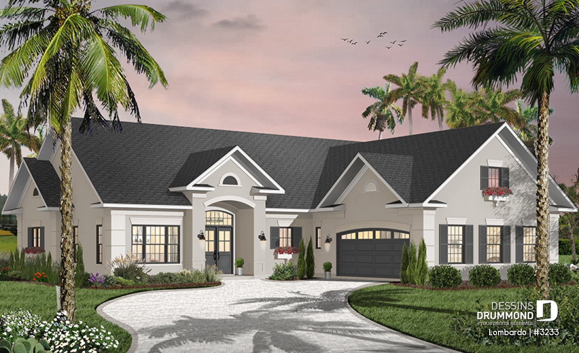 Vue avant - MODÈLE DE BASE - Grand plan de plain-pied, 3 chambres, garage double, terrasse abritée, foyer, grande buanderie, suite parents - Lombardo