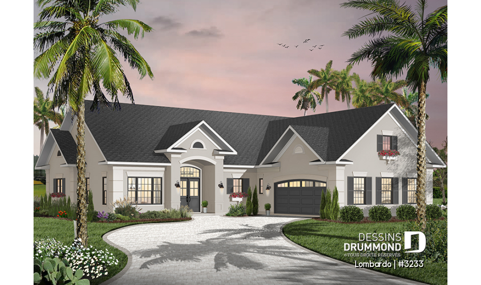 Vue avant - MODÈLE DE BASE - Grand plan de plain-pied, 3 chambres, garage double, terrasse abritée, foyer, grande buanderie, suite parents - Lombardo