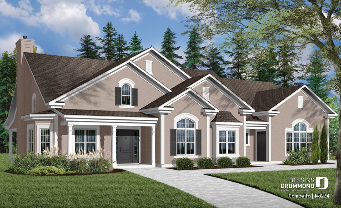 Vue avant - MODÈLE DE BASE - Plan de bungalow, terrain en coin, garage double de côté, grande chambre des parents, foyer, cinéma - Gambetta