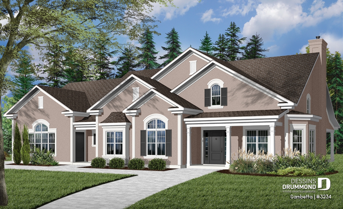 Vue avant - MODÈLE DE BASE - Plan de bungalow, terrain en coin, garage double de côté, grande chambre des parents, foyer, cinéma - Gambetta