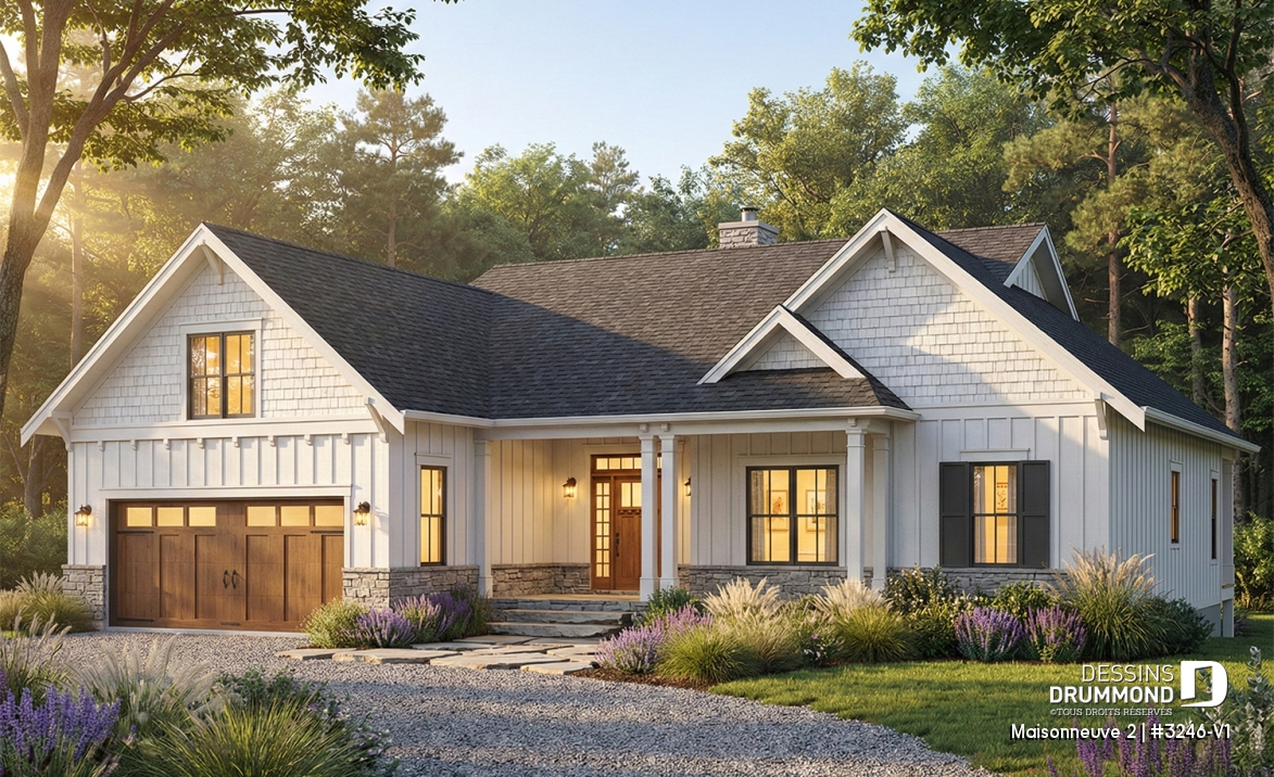 Vue avant - MODÈLE DE BASE - Plan de plain-pied avec garage double, moderne farmhouse, superbe suite principale, sous-sol fini optionnel - Maisonneuve 2