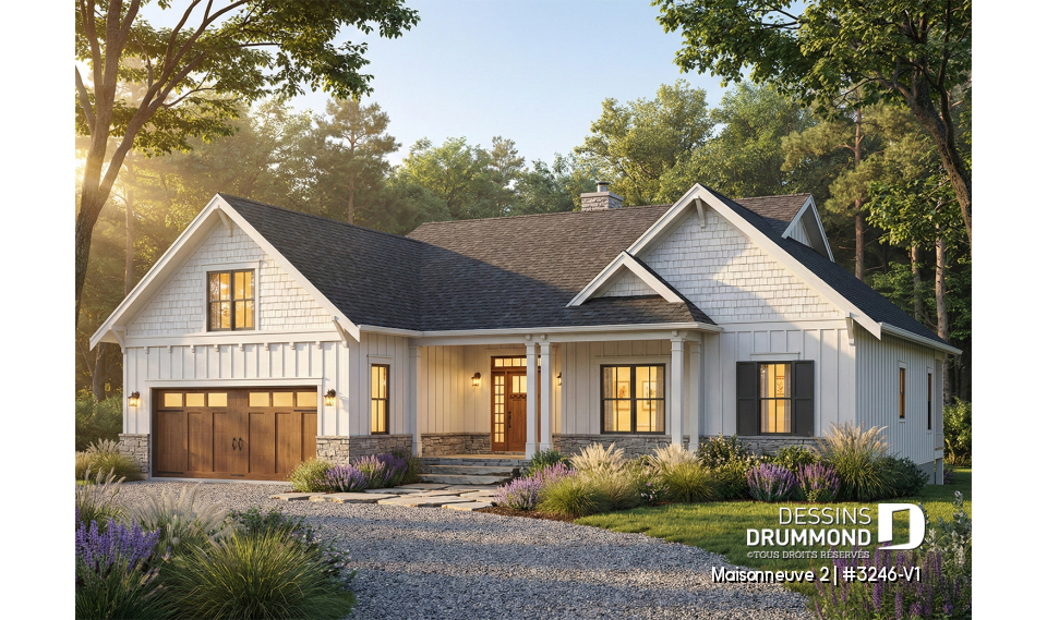 Vue avant - MODÈLE DE BASE - Plan de farmhouse moderne, garage double, beaucoup de lumière naturelle - Maisonneuve 2