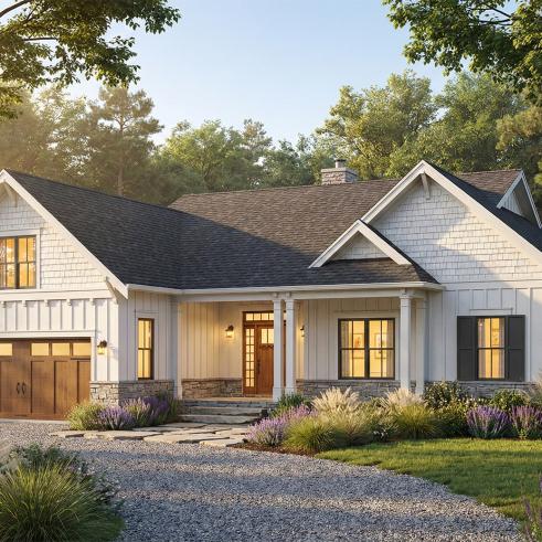 Vue avant - MODÈLE DE BASE - Plan de plain-pied avec garage double, moderne farmhouse, superbe suite principale, sous-sol fini optionnel - Maisonneuve 2
