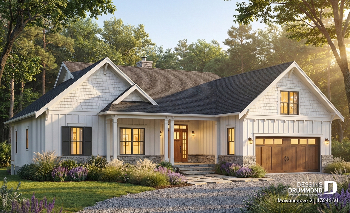 Vue avant - MODÈLE DE BASE - Plan de plain-pied avec garage double, moderne farmhouse, superbe suite principale, sous-sol fini optionnel - Maisonneuve 2
