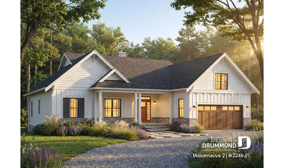 Vue avant - MODÈLE DE BASE - Plan de farmhouse moderne, garage double, beaucoup de lumière naturelle - Maisonneuve 2