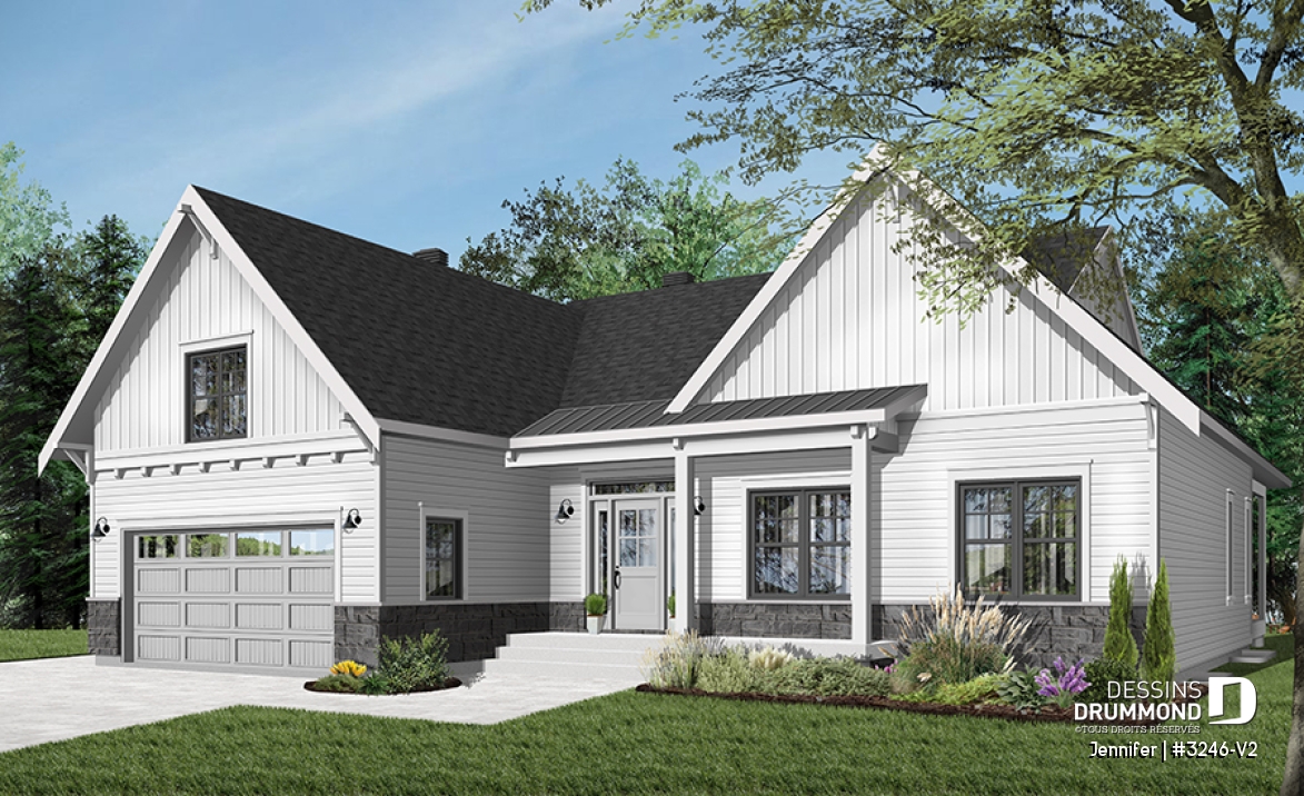 Vue avant - MODÈLE DE BASE - Plan de plain-pied avec garage double, cuisine et salon aménagés à l'arrière, grande terrasse abritée - Jennifer